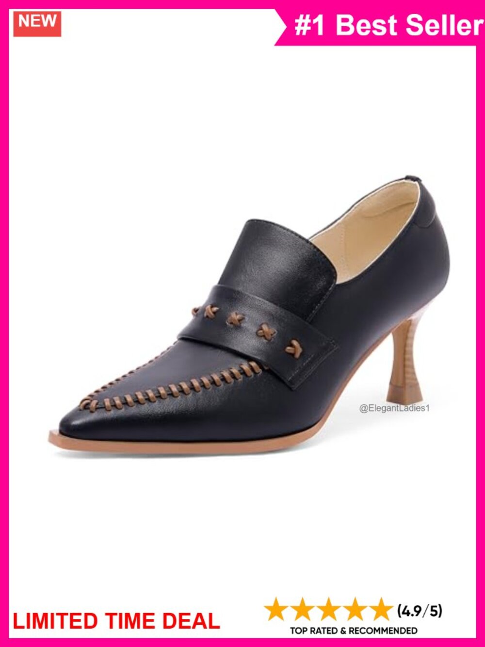 Faux Leather Pointed Toe Kitten Heel Pumps Hand-Stitched Work